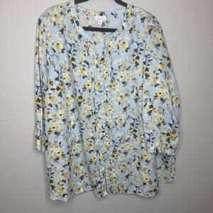 J. Jill Linen Tunic Blouse Sz X-Large Floral 3/4 Slv Button Front Top